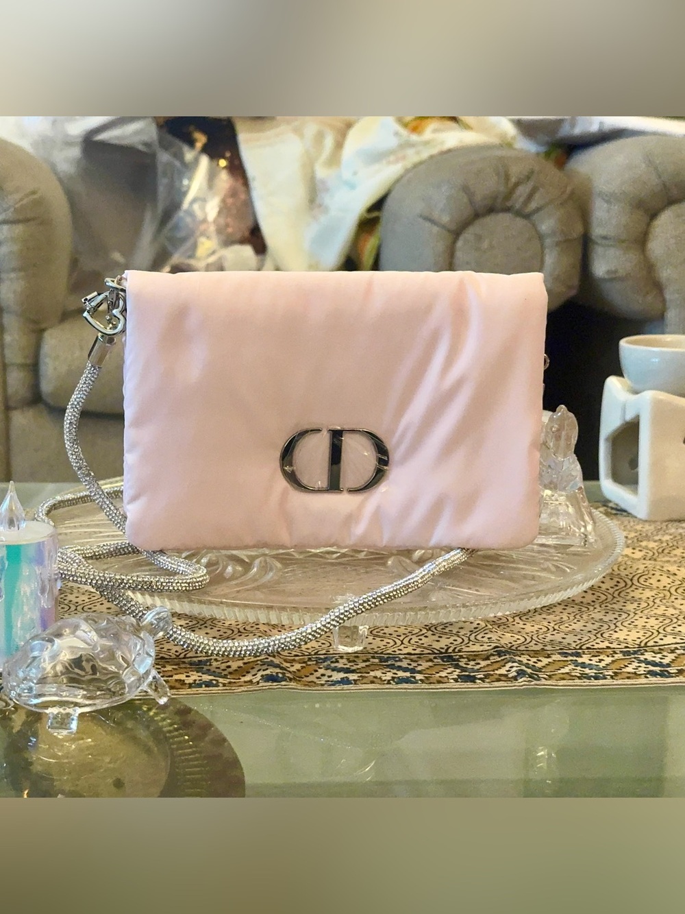 Dior Light Pink Satin Clutch with glitter  Silver Chain Detail - Picture 10 of 16